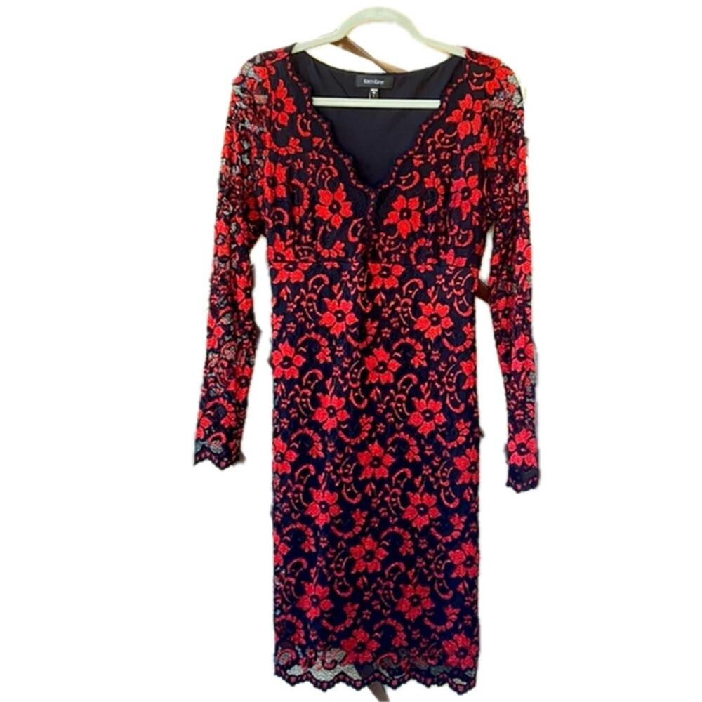 Karen Kane Black/Red Long-Sleeve Scalloped Lace V-Neck Dress Size XS NWT